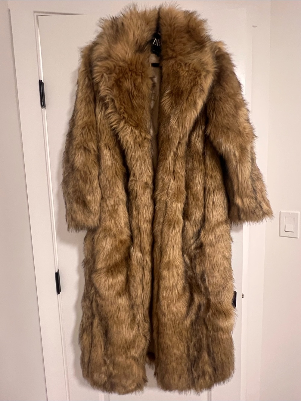 Zara Long Faux Fur Coat in Warm Brown